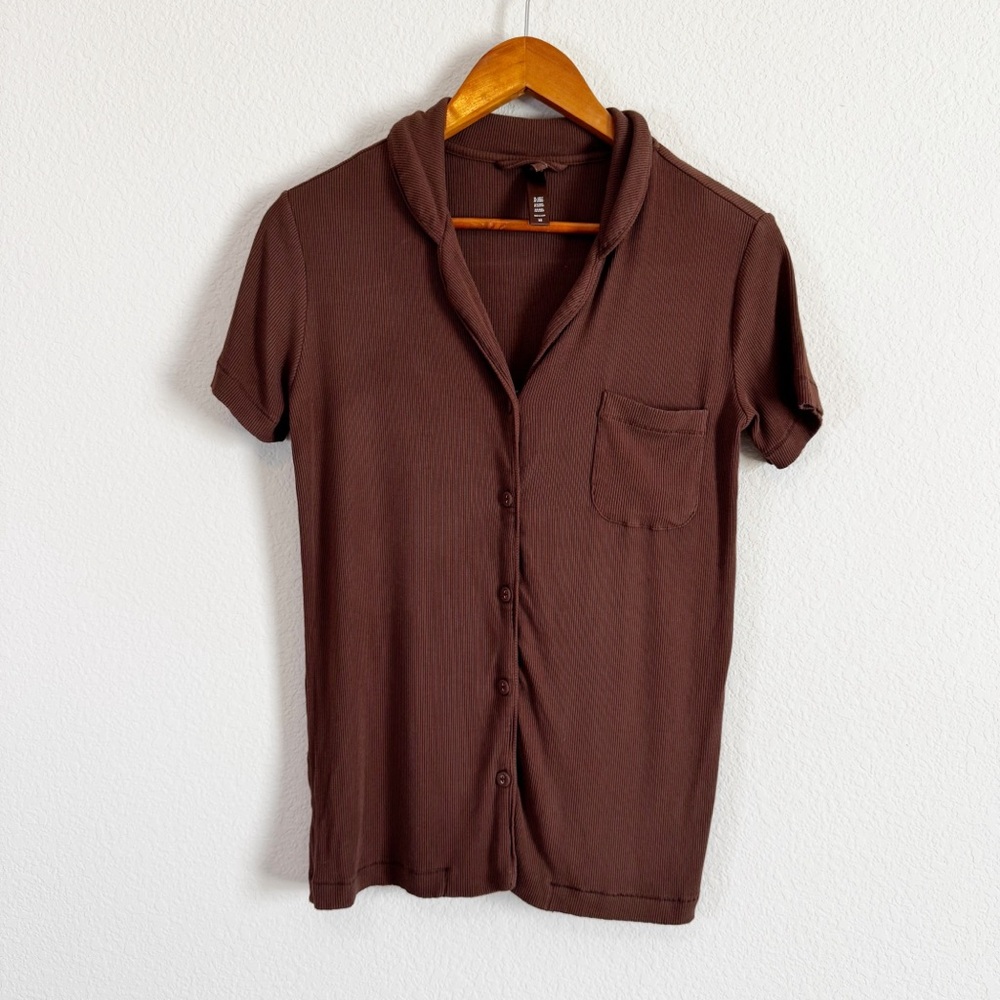 SKIMS Women's Brown Ribbed Short Sleeve Modal Slinky Pajama Top Size XS